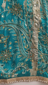 Blue Masleen Handwork Unstitched suit with print and mirrors