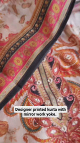 Pure Maheshwari Silk Embroidered yoke kurta semi stitched suit with digital print.