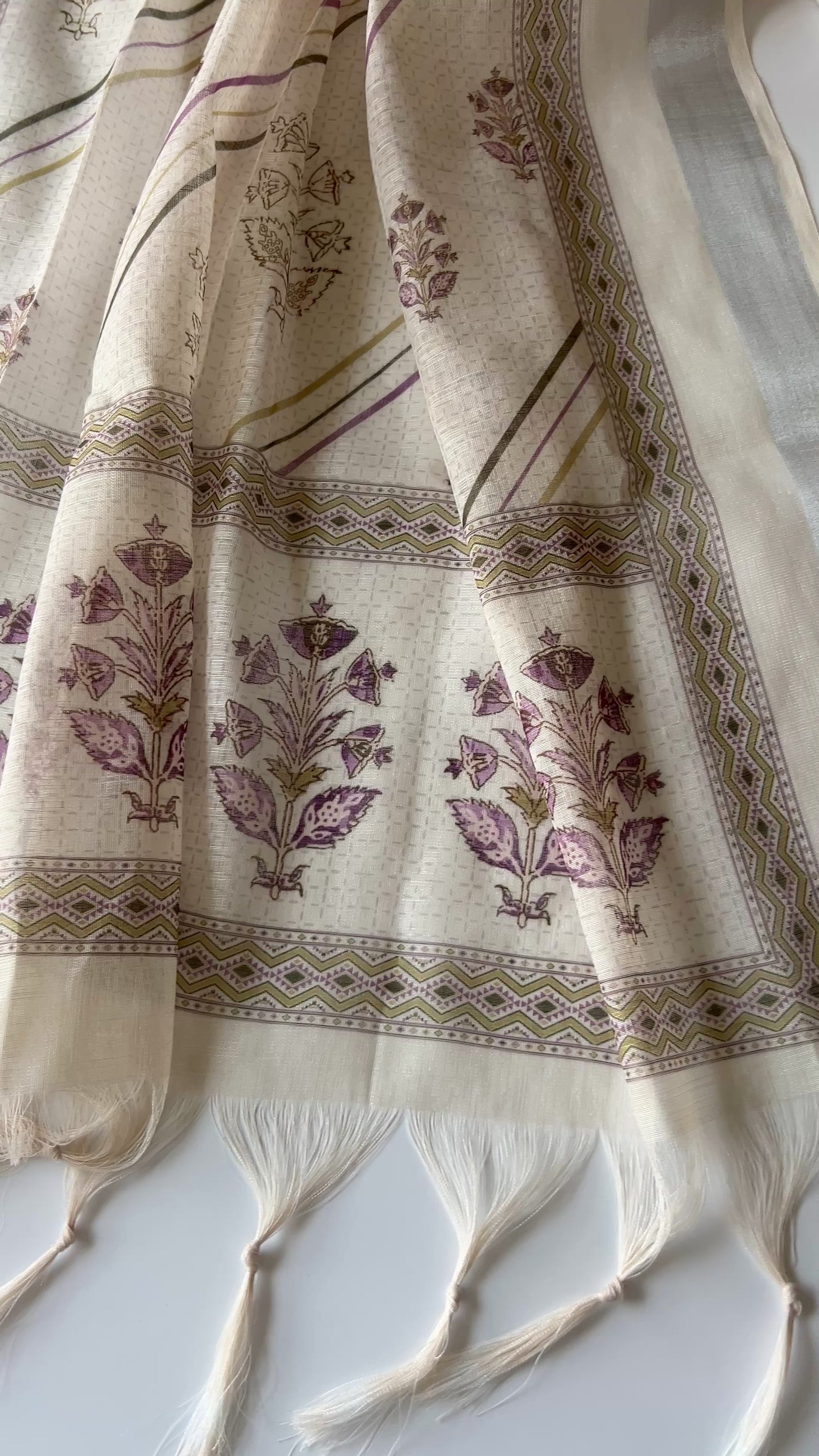 Elegant light cream mul linen unstitched salwar suit material featuring delicate pitta work and graceful all over prints. Perfect for sophisticated everyday and festive ethnic wear.