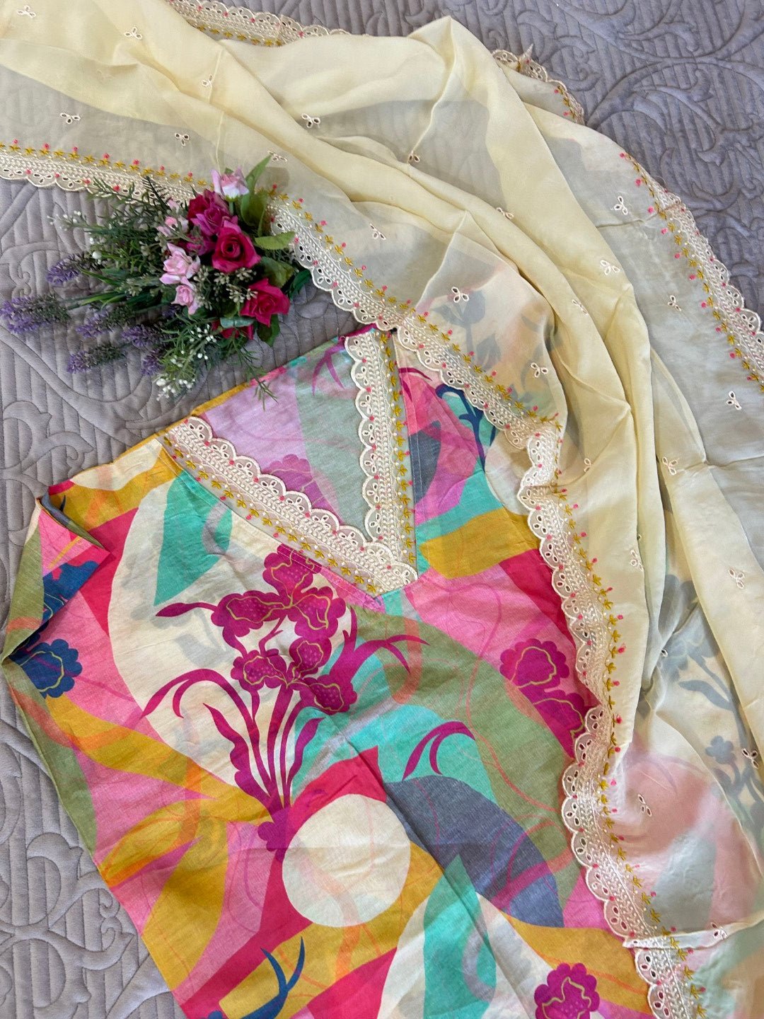 Printed Maslin Scallop embroidery Dress material. - Neel Creations By Saanvi