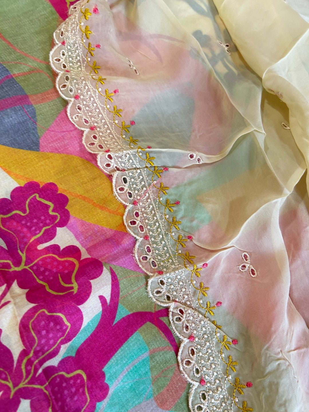 Printed Maslin Scallop embroidery Dress material. - Neel Creations By Saanvi