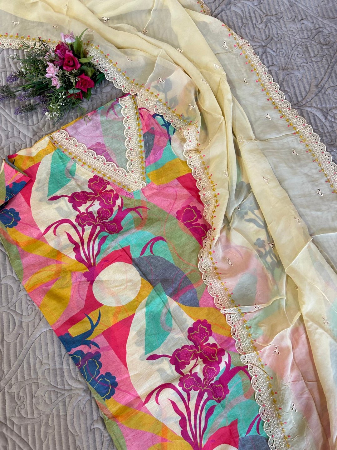 Printed Maslin Scallop embroidery Dress material. - Neel Creations By Saanvi