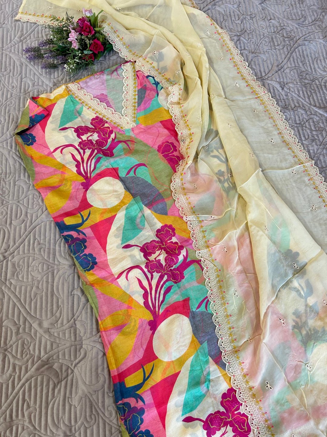 Printed Maslin Scallop embroidery Dress material. - Neel Creations By Saanvi