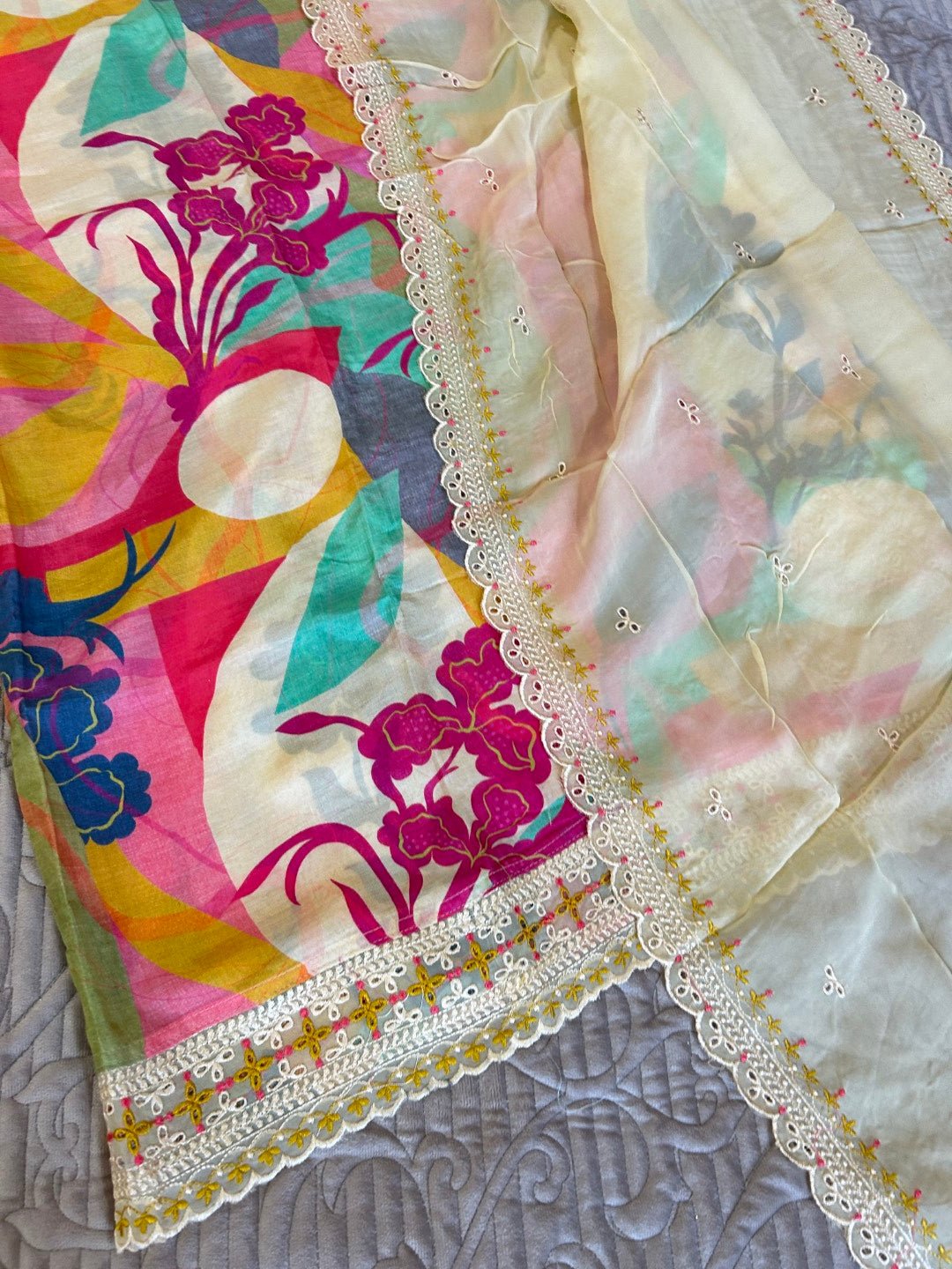 Printed Maslin Scallop embroidery Dress material. - Neel Creations By Saanvi