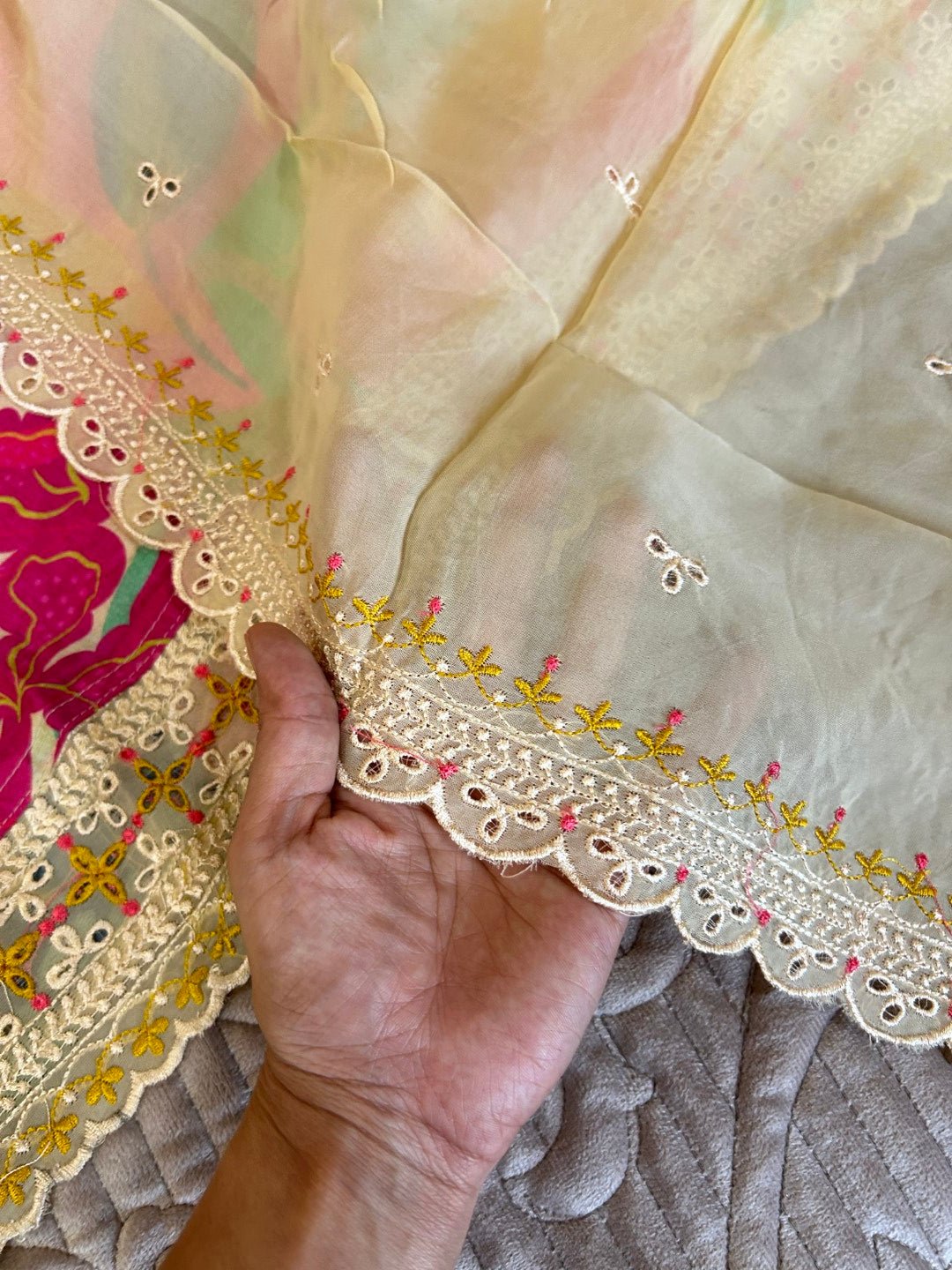 Printed Maslin Scallop embroidery Dress material. - Neel Creations By Saanvi