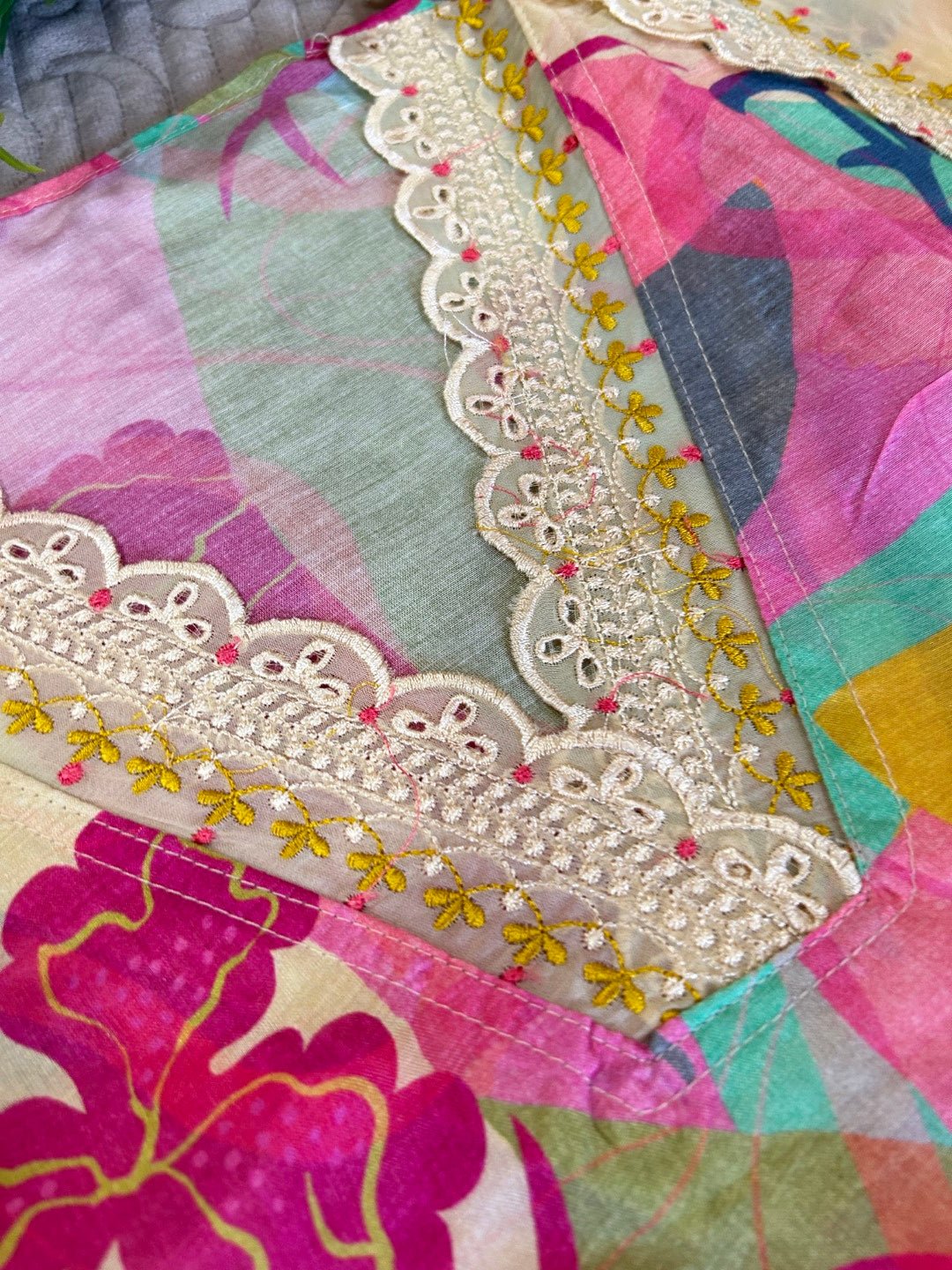 Printed Maslin Scallop embroidery Dress material. - Neel Creations By Saanvi