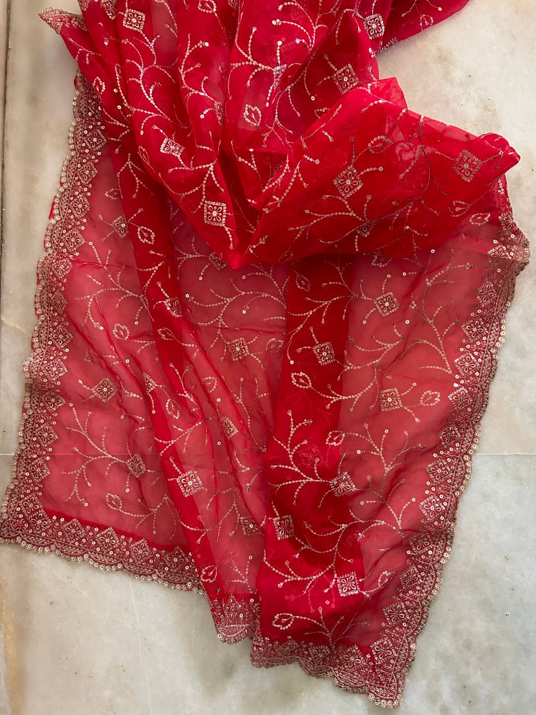 Red dupatta all over embroidery. - Neel Creations By Saanvi