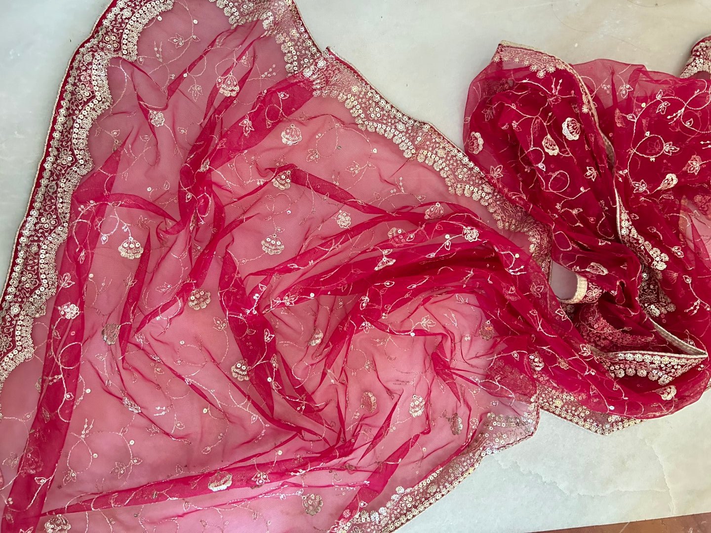 Red Net dupatta all over embroidery. - Neel Creations By Saanvi