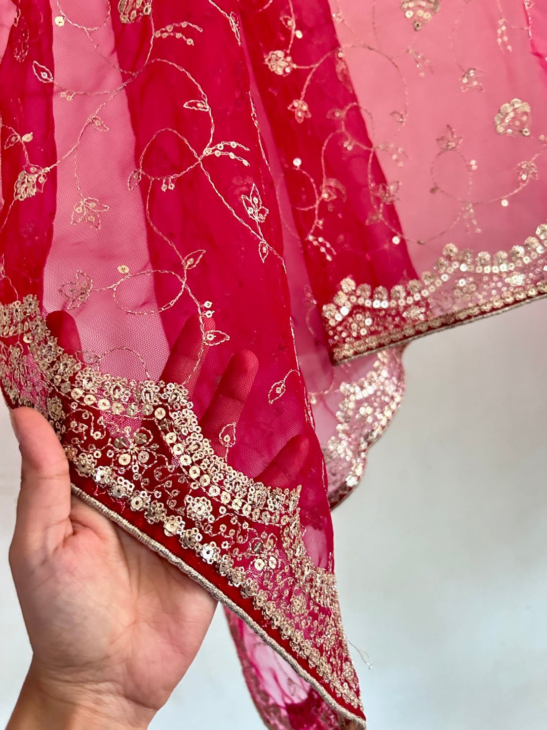 Red Net dupatta all over embroidery. - Neel Creations By Saanvi