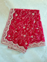 Red Net dupatta all over embroidery. - Neel Creations By Saanvi