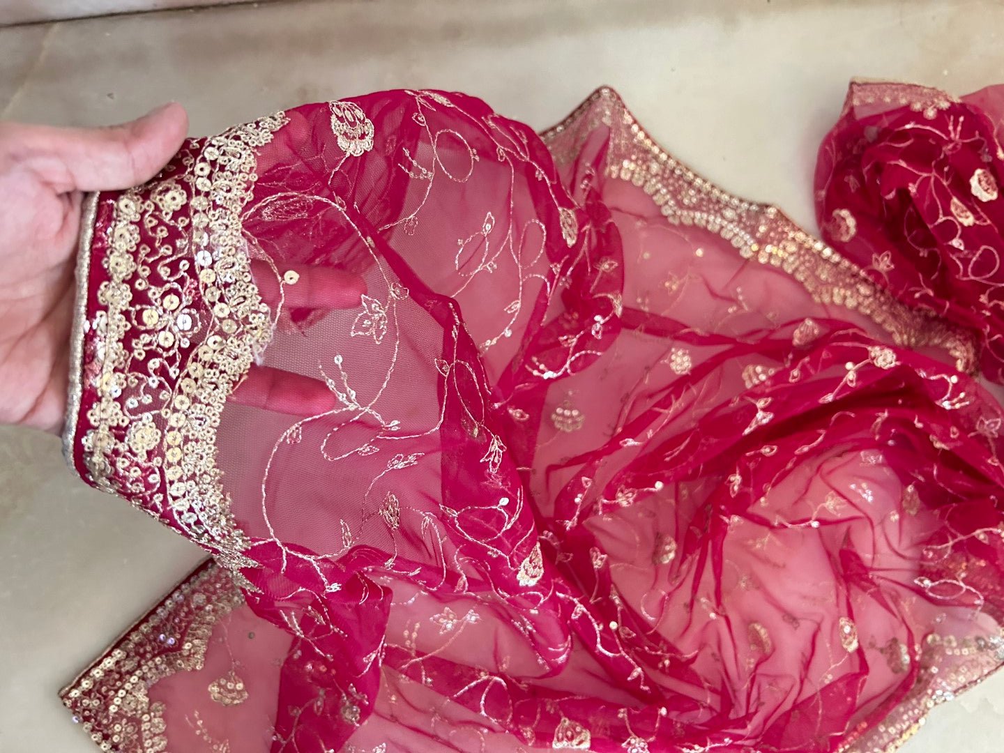 Red Net dupatta all over embroidery. - Neel Creations By Saanvi