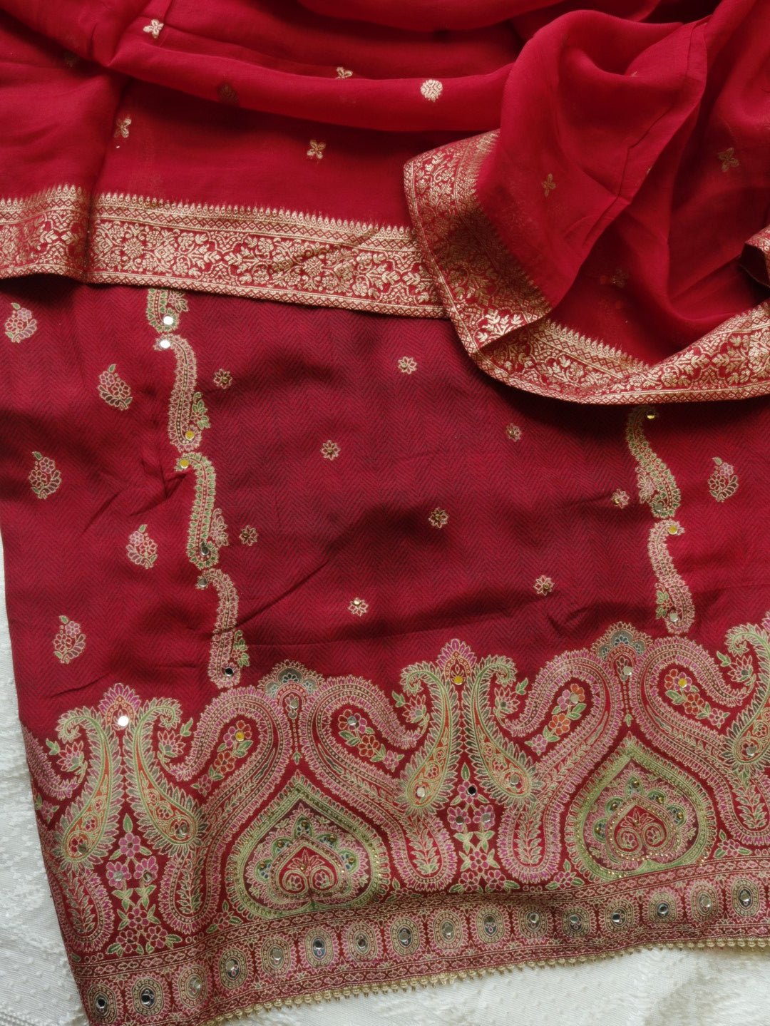 Red Russian silk Partywear dress material - Neel Creations By Saanvi