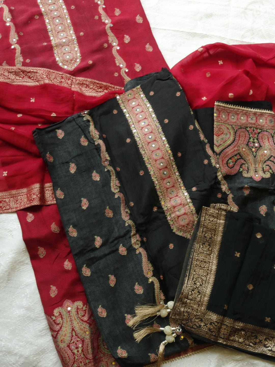 Red Russian silk Partywear dress material - Neel Creations By Saanvi