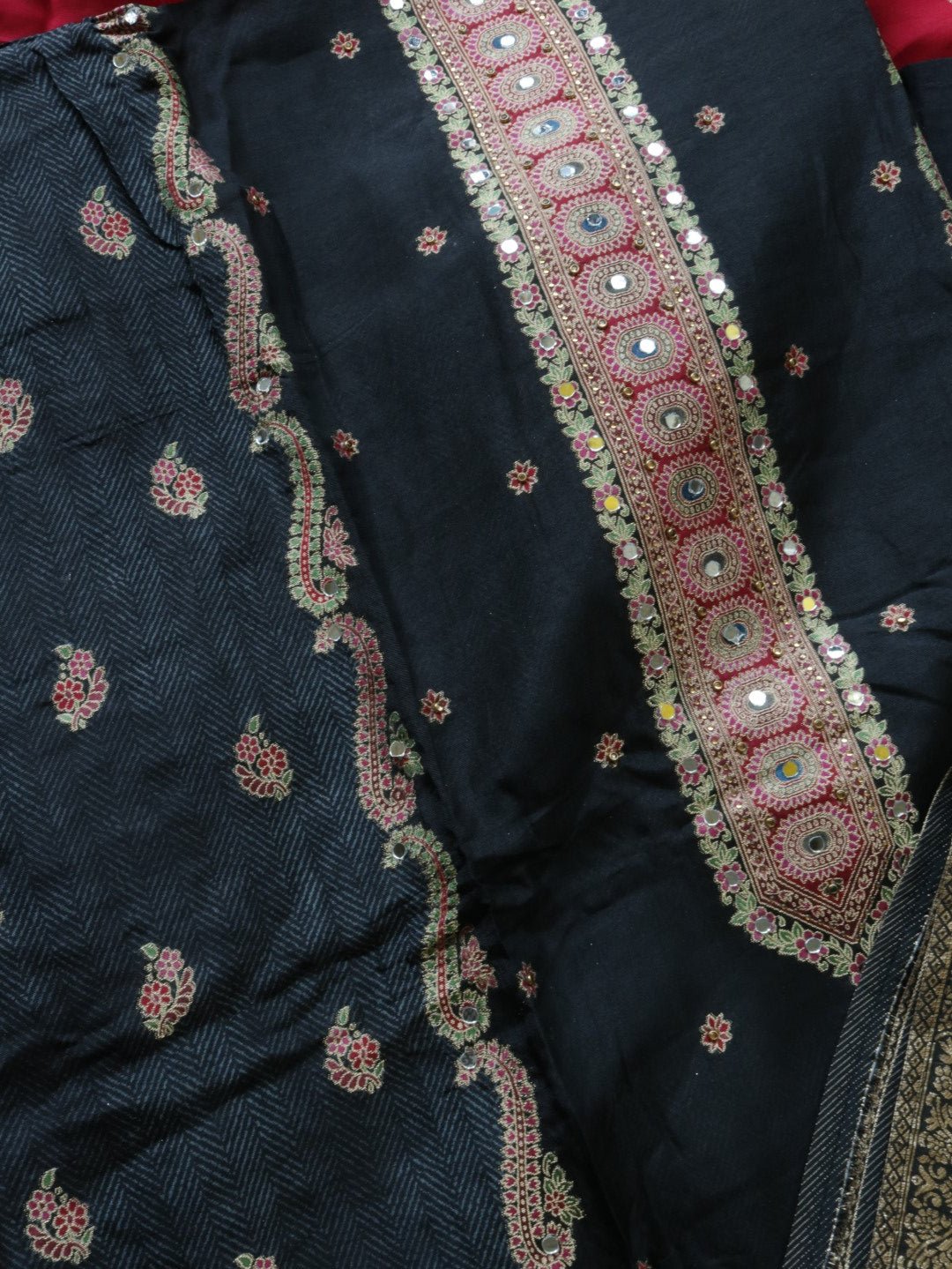 Red Russian silk Partywear dress material - Neel Creations By Saanvi