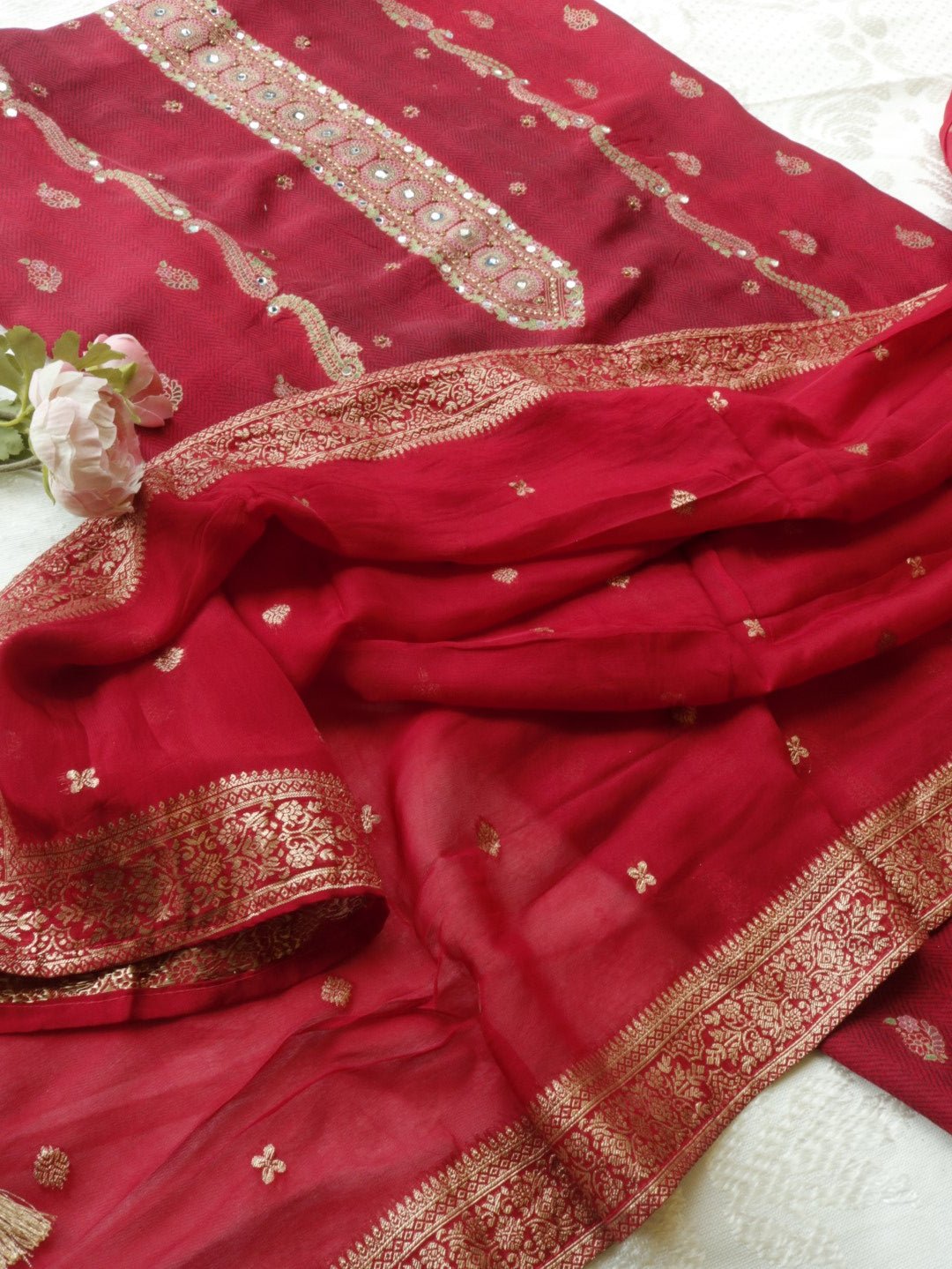Red Russian silk Partywear dress material - Neel Creations By Saanvi
