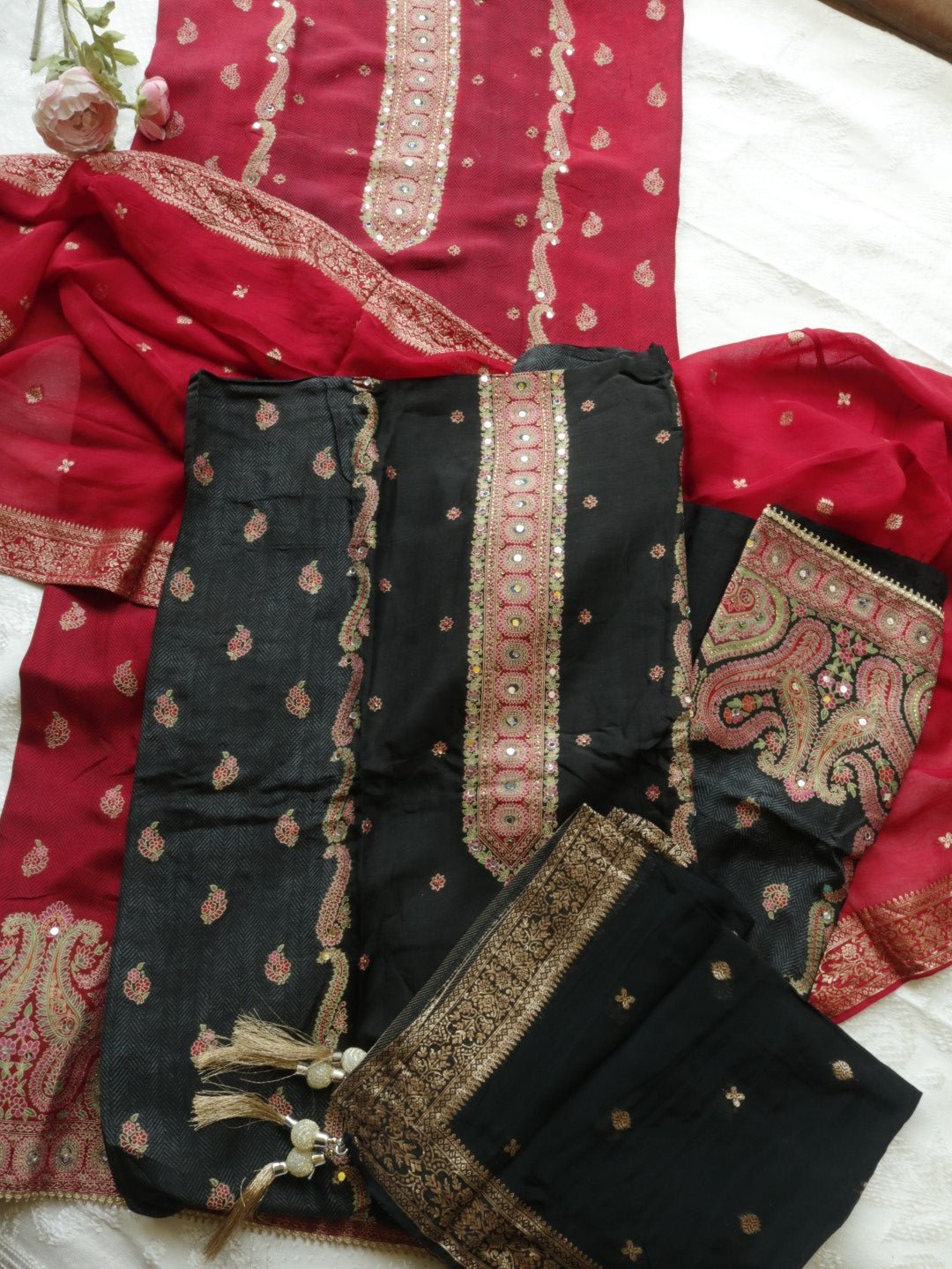 Red Russian silk Partywear dress material - Neel Creations By Saanvi