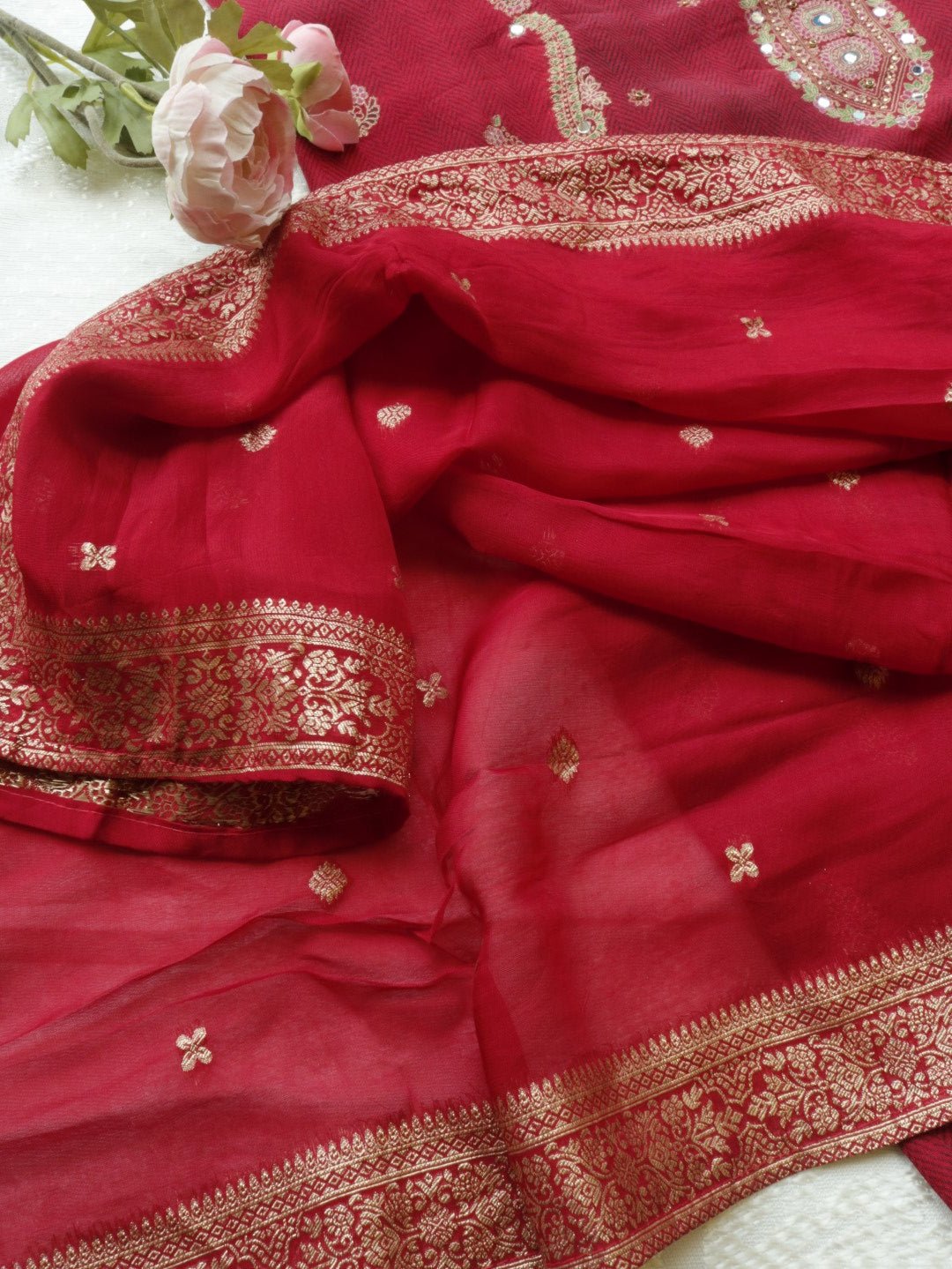 Red Russian silk Partywear dress material - Neel Creations By Saanvi