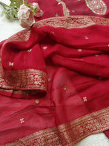 Red Russian silk Partywear dress material - Neel Creations By Saanvi