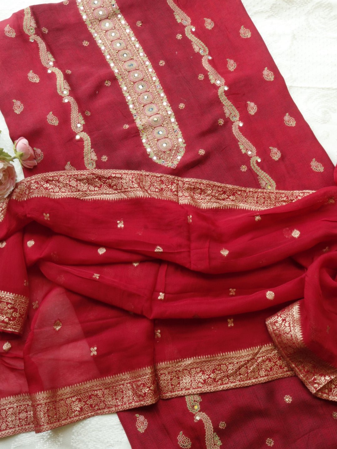 Red Russian silk Partywear dress material - Neel Creations By Saanvi
