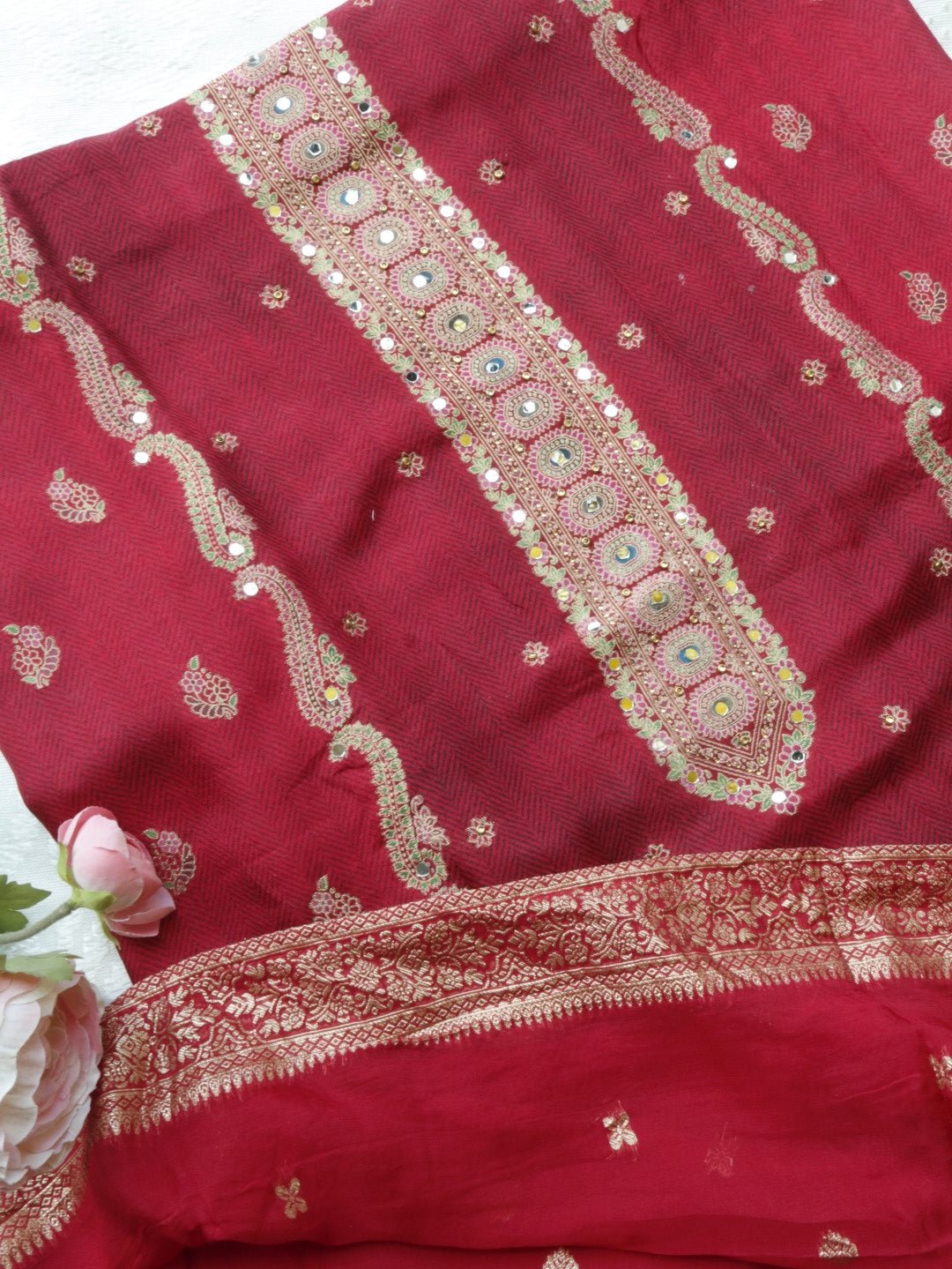 Red Russian silk Partywear dress material - Neel Creations By Saanvi