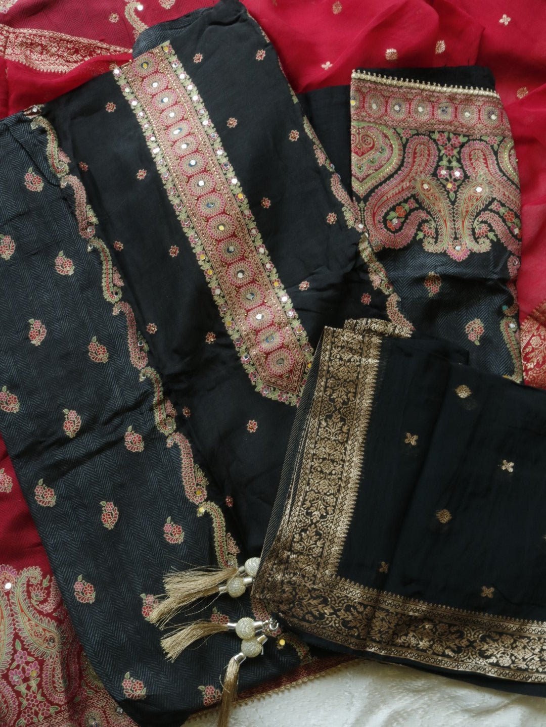 Red Russian silk Partywear dress material - Neel Creations By Saanvi