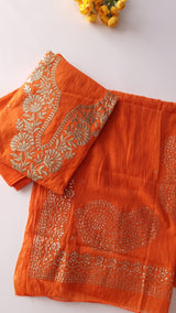 Orange Mul Chanderi dress material with pitta and mukaish work