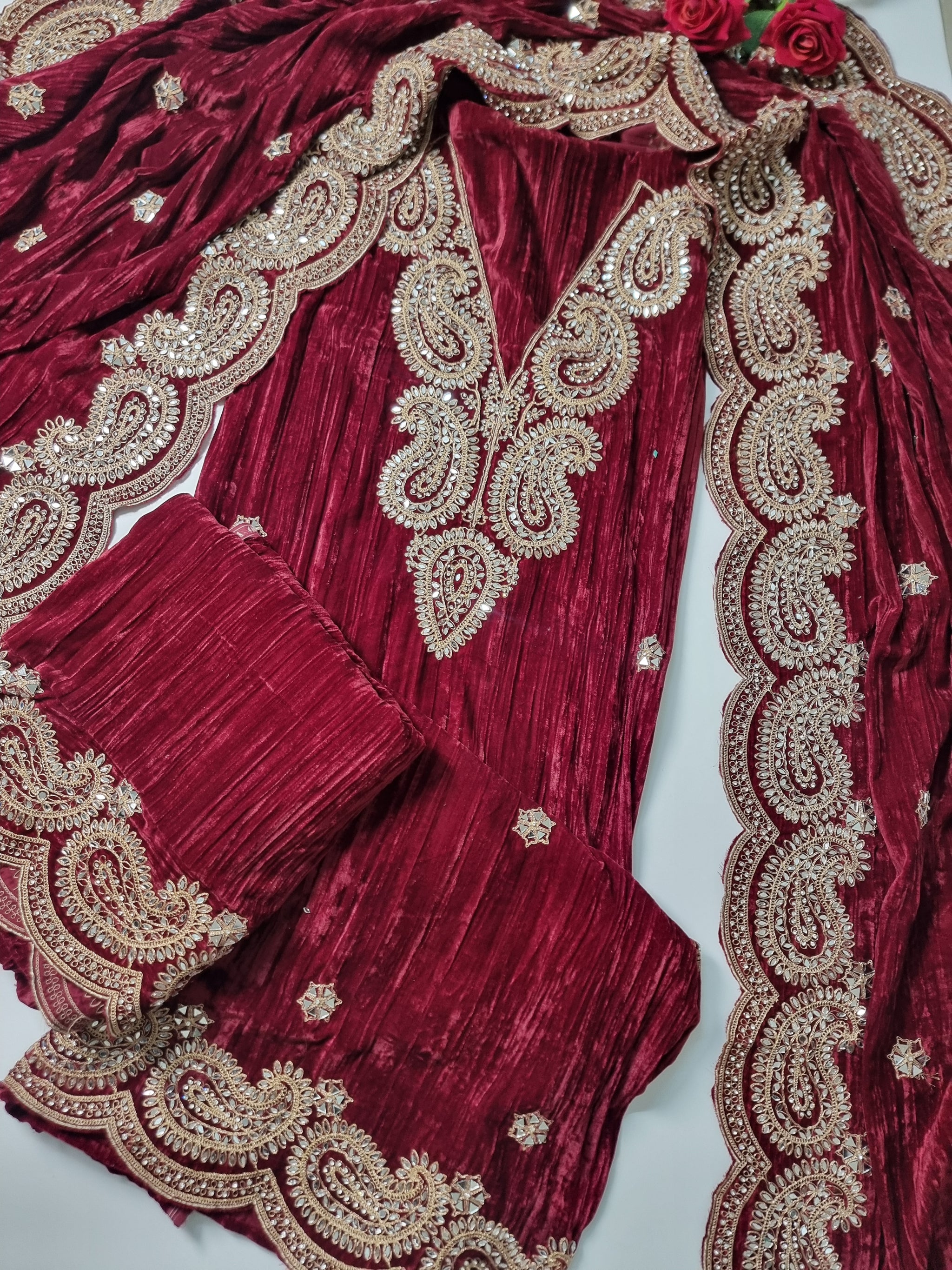 Crush Velvet mirror work party wear unstitched suit set