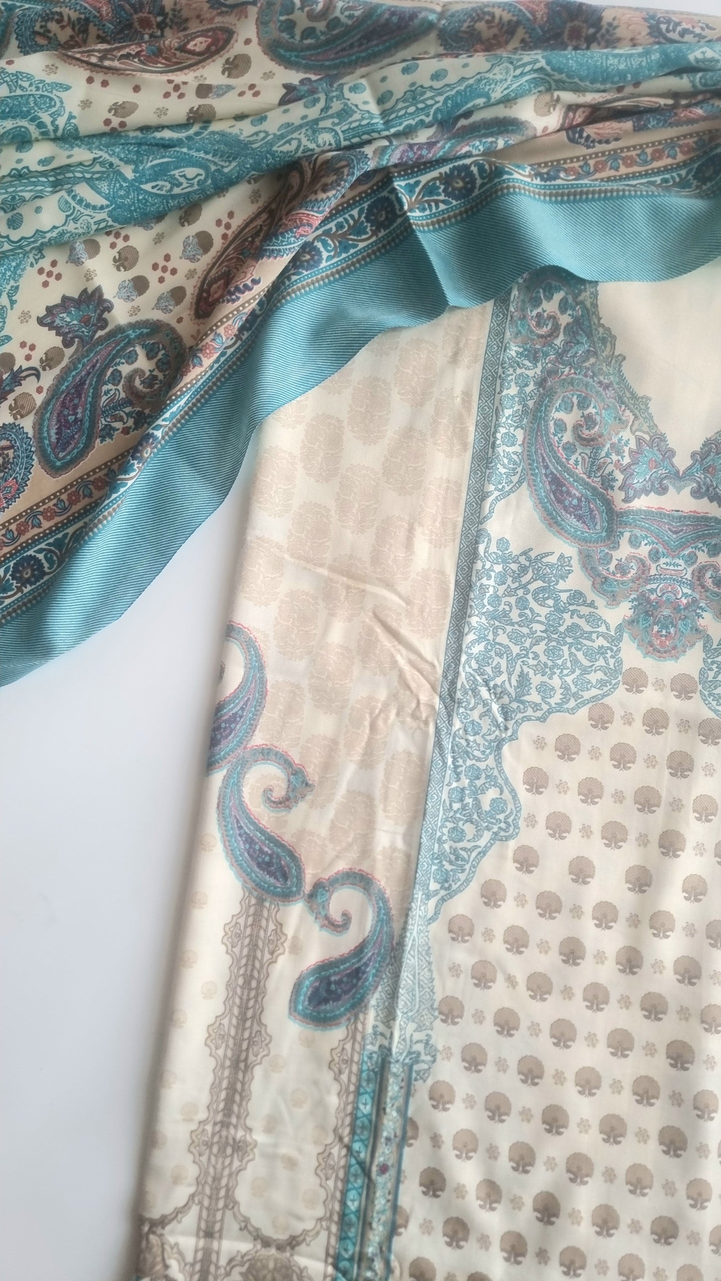 Blue Printed Pashmina Unstitched suit set