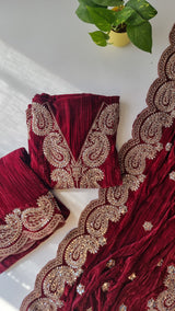 Crush Velvet mirror work party wear unstitched suit set