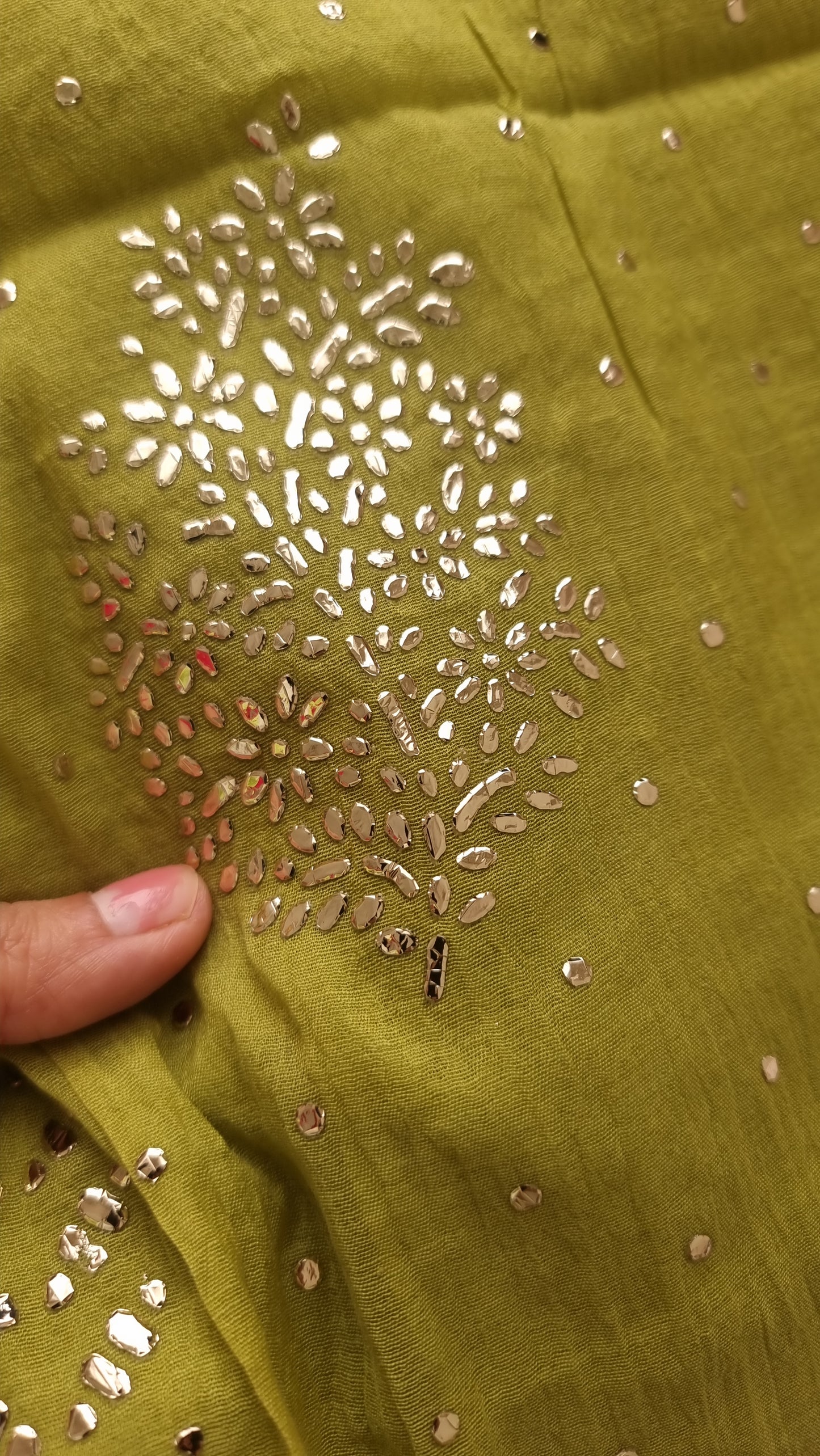 Green Mul Chanderi dress material with  Pasted mukaish work