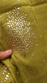 Green Mul Chanderi dress material with  Pasted mukaish work