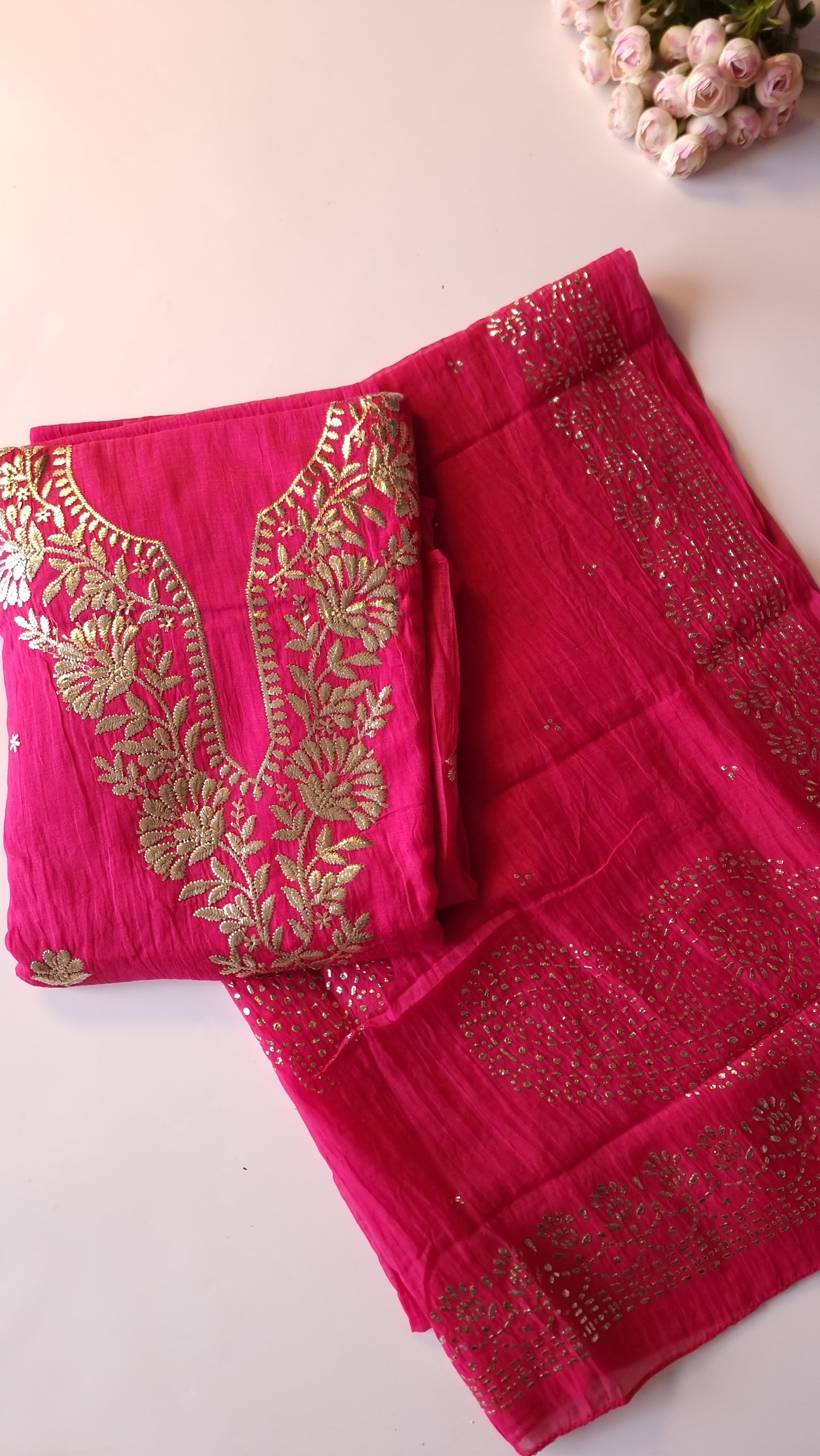Hot pink Mul Chanderi dress material with pitta and mukaish work