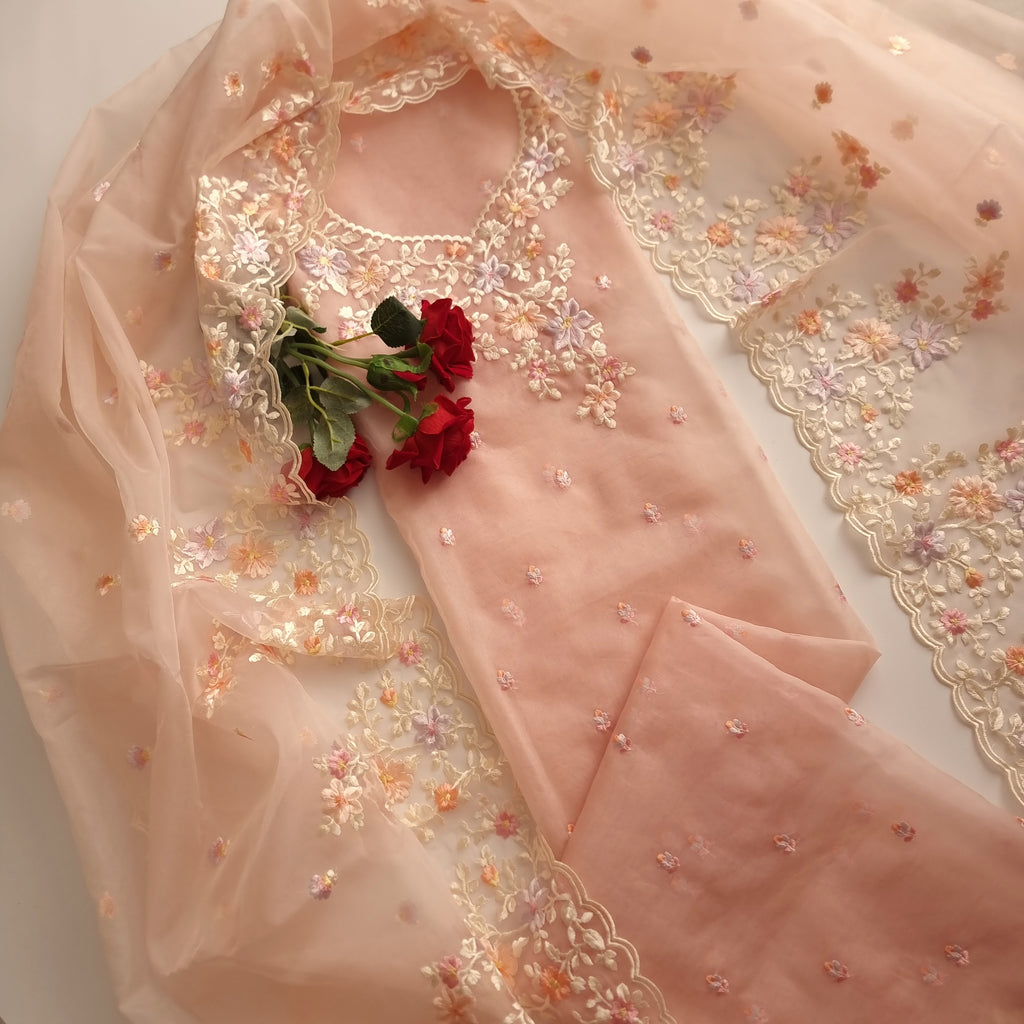 Peach Pink Parsi Embroidery Unstitched Suit Material 3 Piece Set