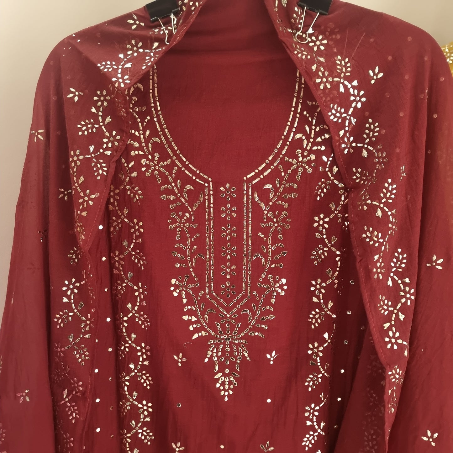 Maroon Mul Chanderi dress material with  Pasted mukaish work