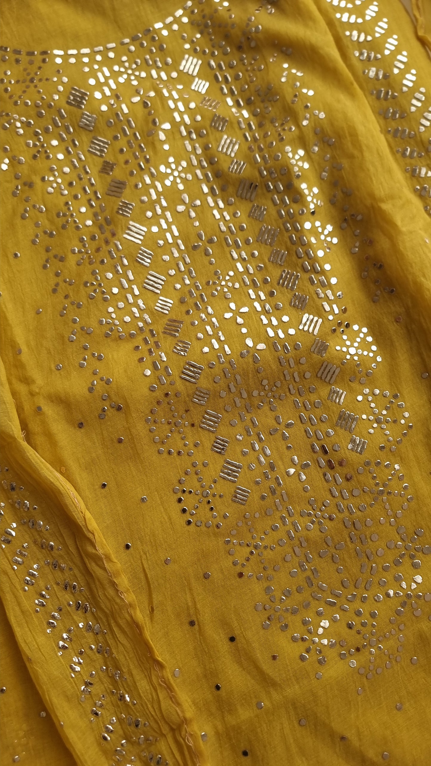 Yellow Mul Chanderi dress material with  Pasted mukaish work