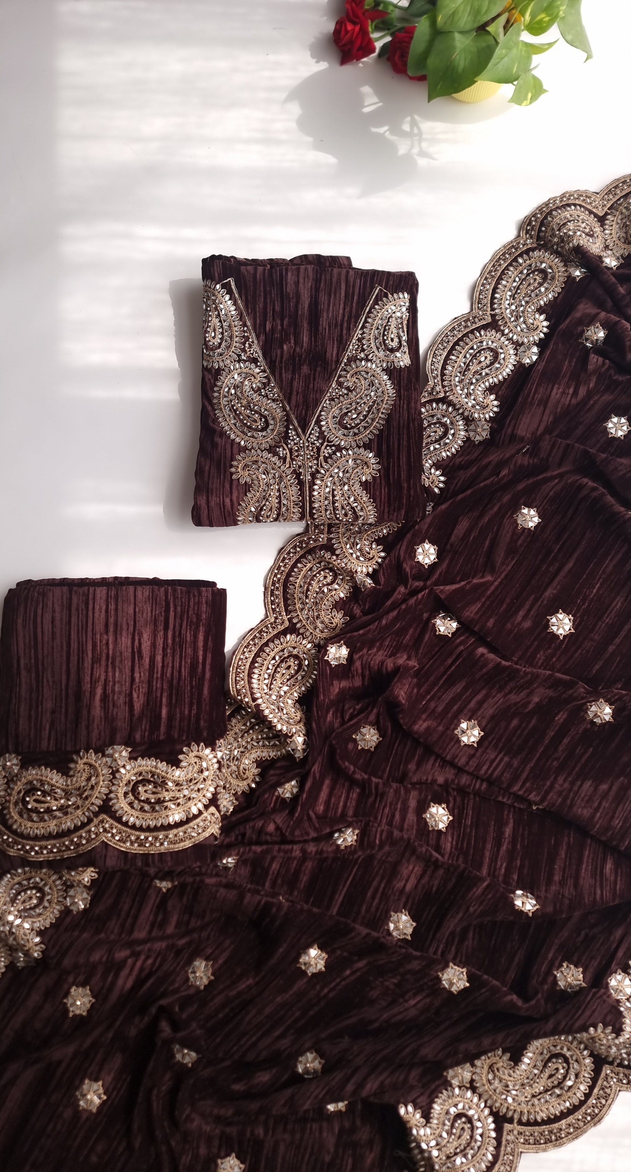 Crush Velvet mirror work party wear unstitched suit set