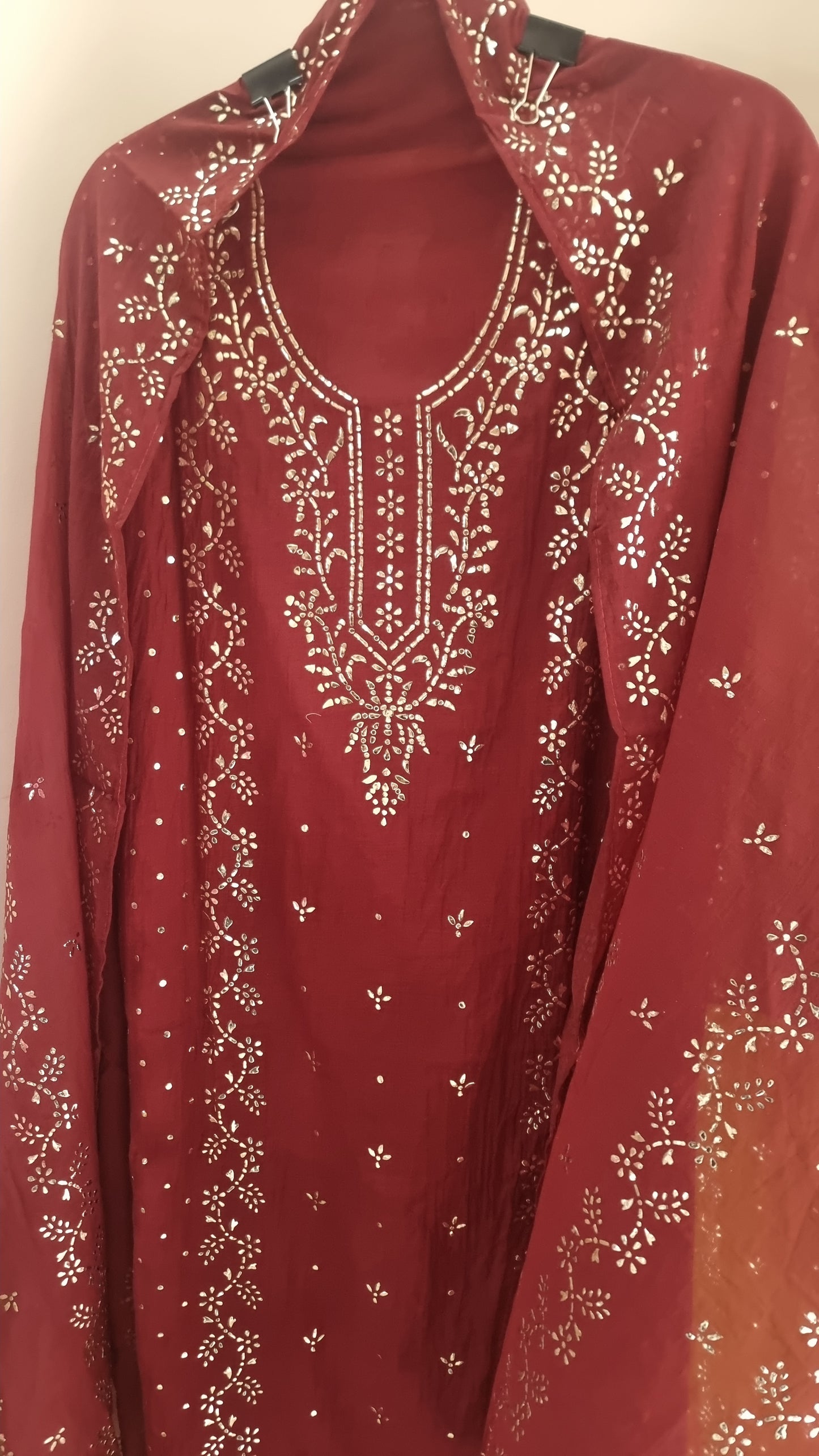Maroon Mul Chanderi dress material with  Pasted mukaish work