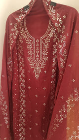 Maroon Mul Chanderi dress material with  Pasted mukaish work