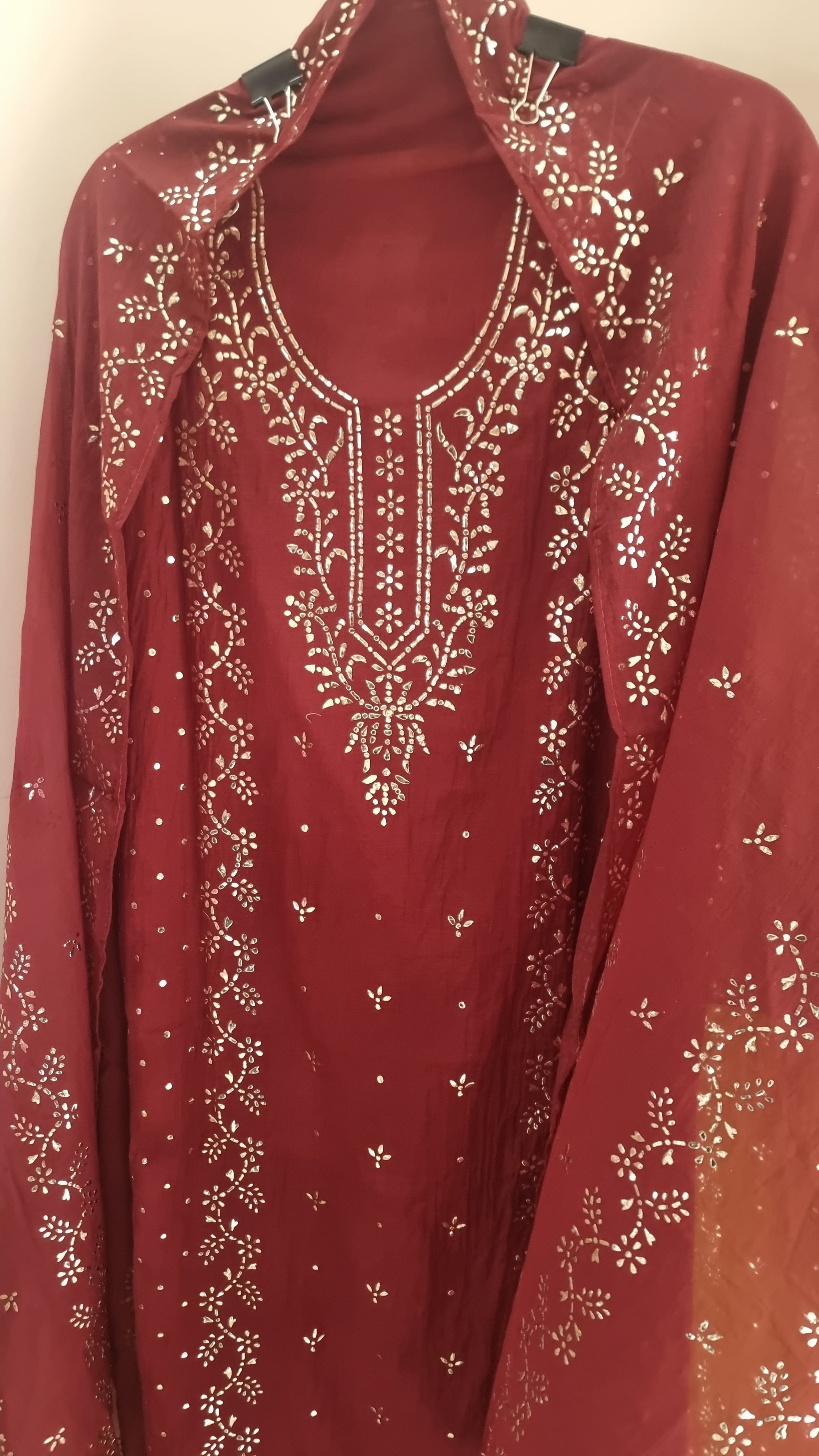 Maroon Mul Chanderi dress material with  Pasted mukaish work