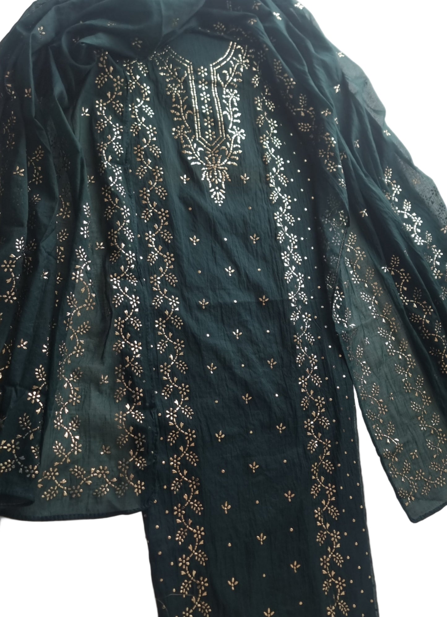 Peacock color Mul Chanderi dress material with  Pasted mukaish work
