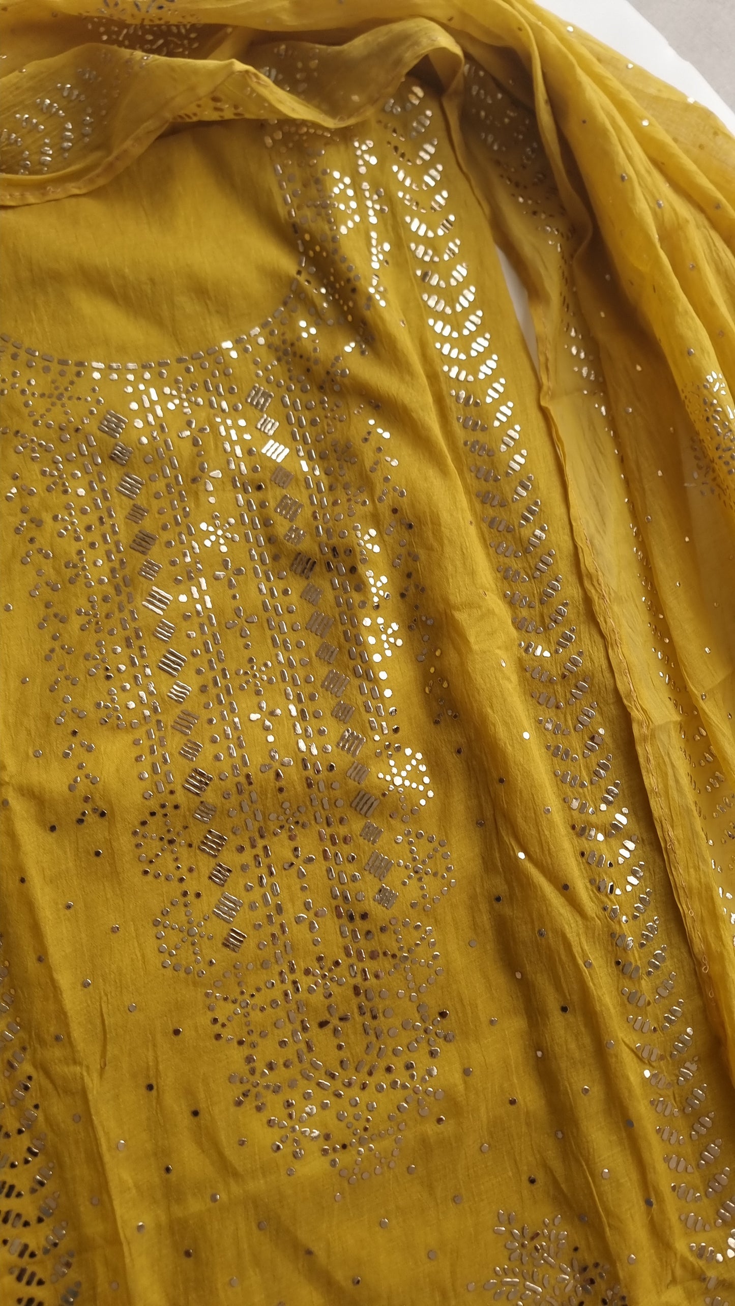 Yellow Mul Chanderi dress material with  Pasted mukaish work