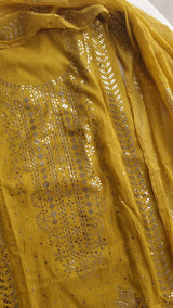 Yellow Mul Chanderi dress material with  Pasted mukaish work