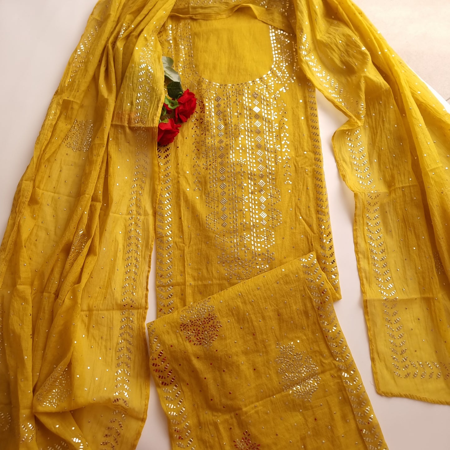 Yellow Mul Chanderi dress material with  Pasted mukaish work