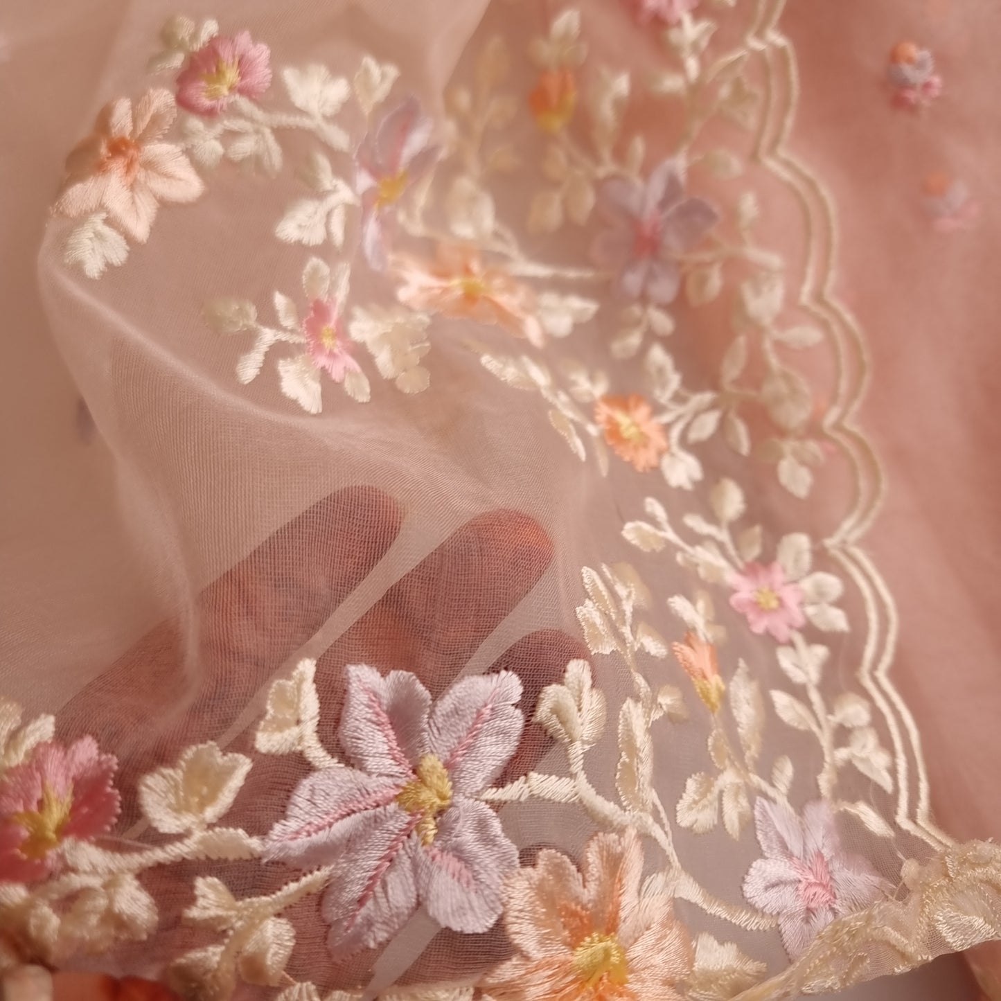 Peach Pink Parsi Embroidery on tissue fabric Unstitched Suit Material - 3 Piece set for women