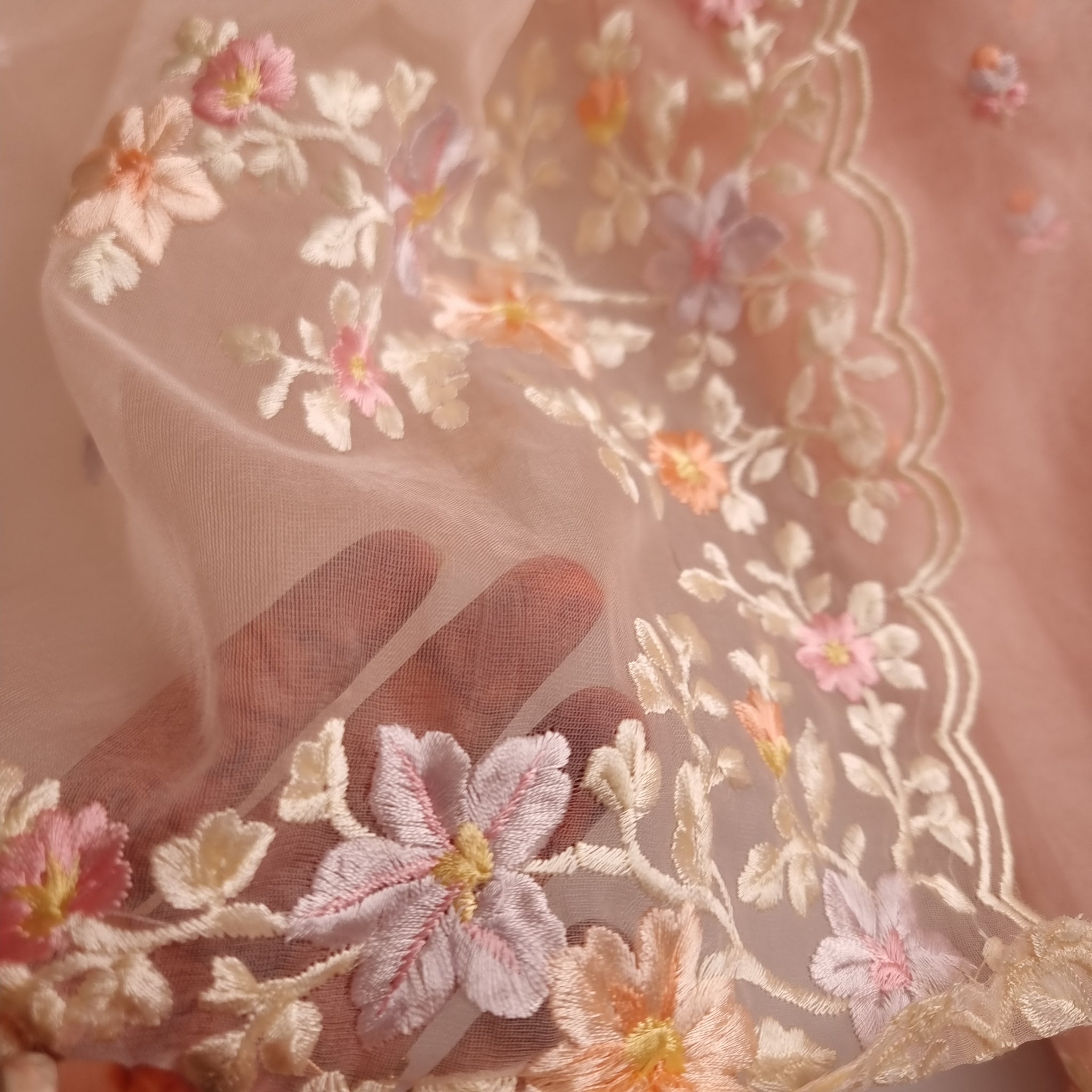 Peach Pink Parsi Embroidery on tissue fabric Unstitched Suit Material - 3 Piece set for women