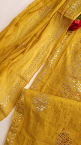 Yellow Mul Chanderi dress material with  Pasted mukaish work