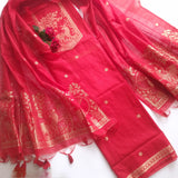 Red Vedika Silk Unstitched suit material