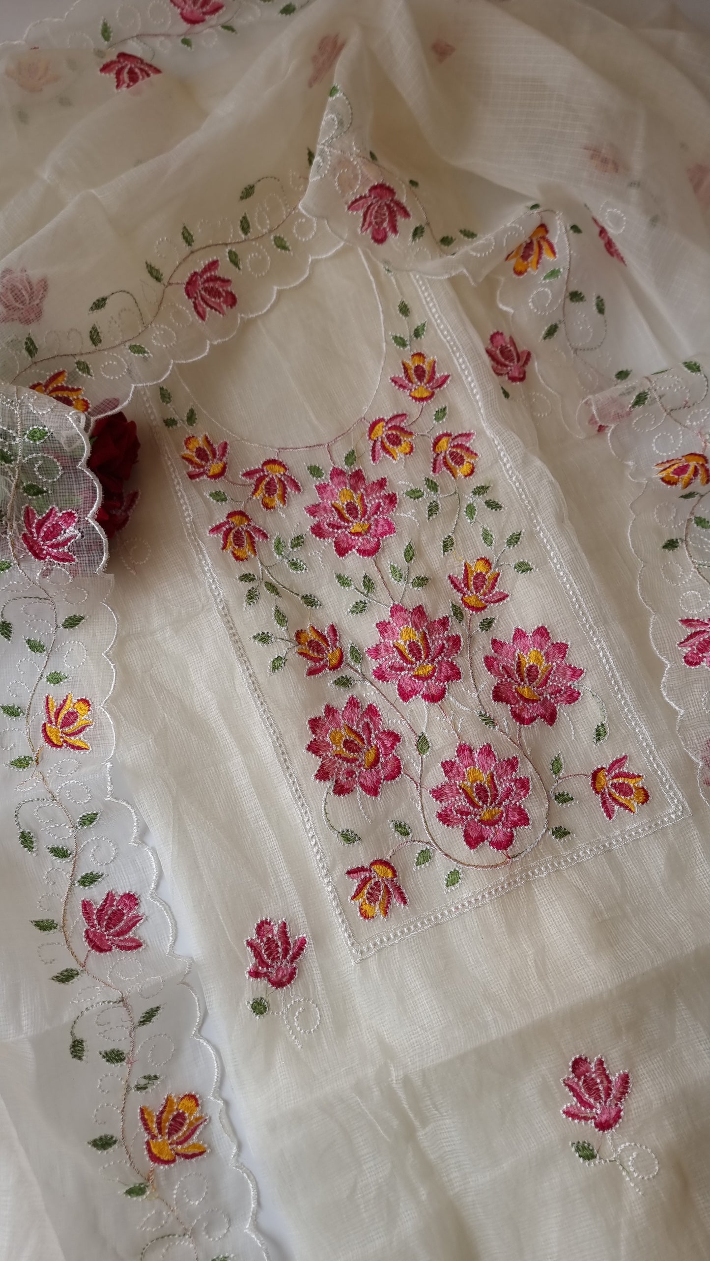 White Kotta embroidered kurta dupatta set Unstitched