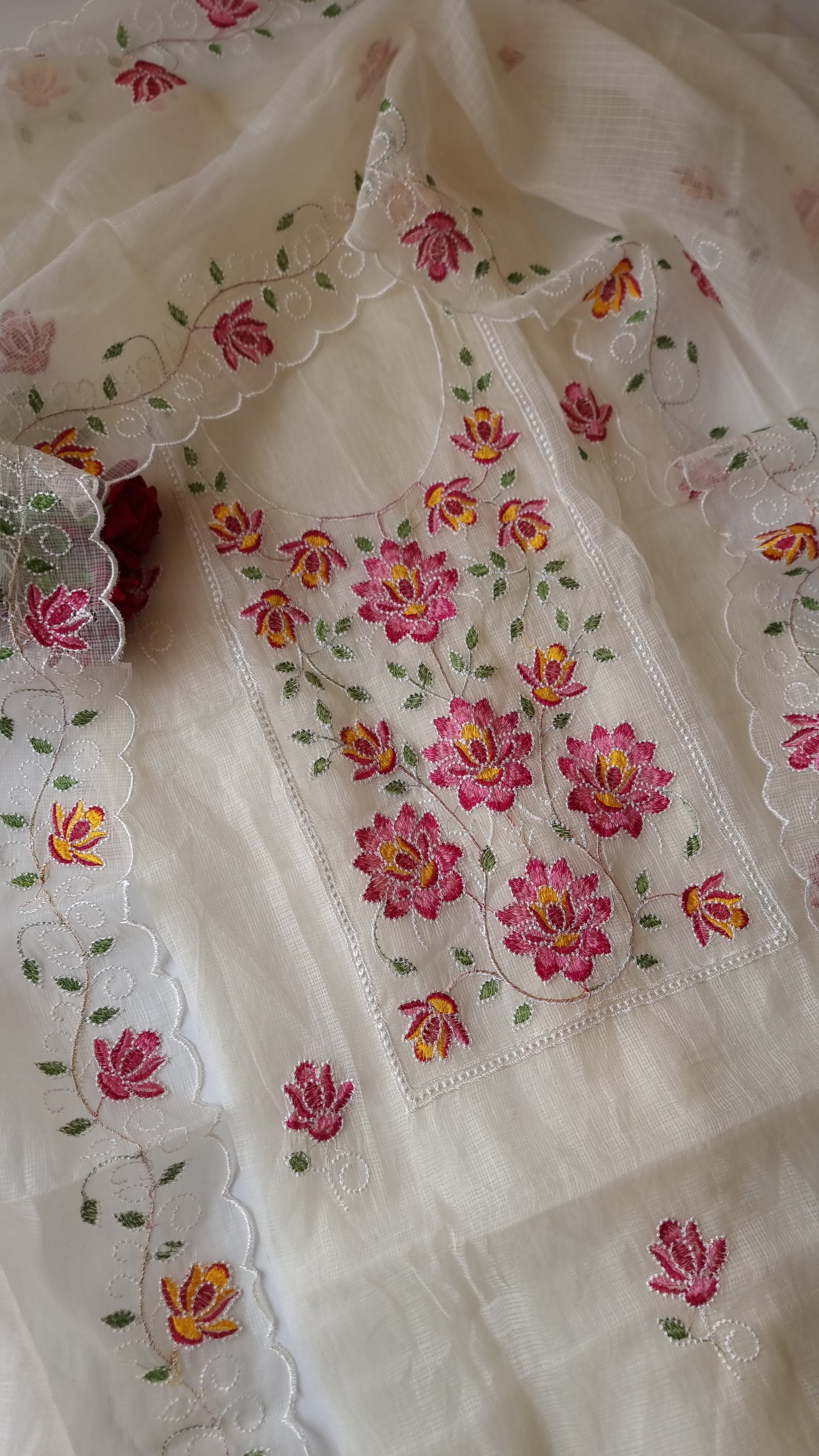 White Kotta embroidered kurta dupatta set Unstitched