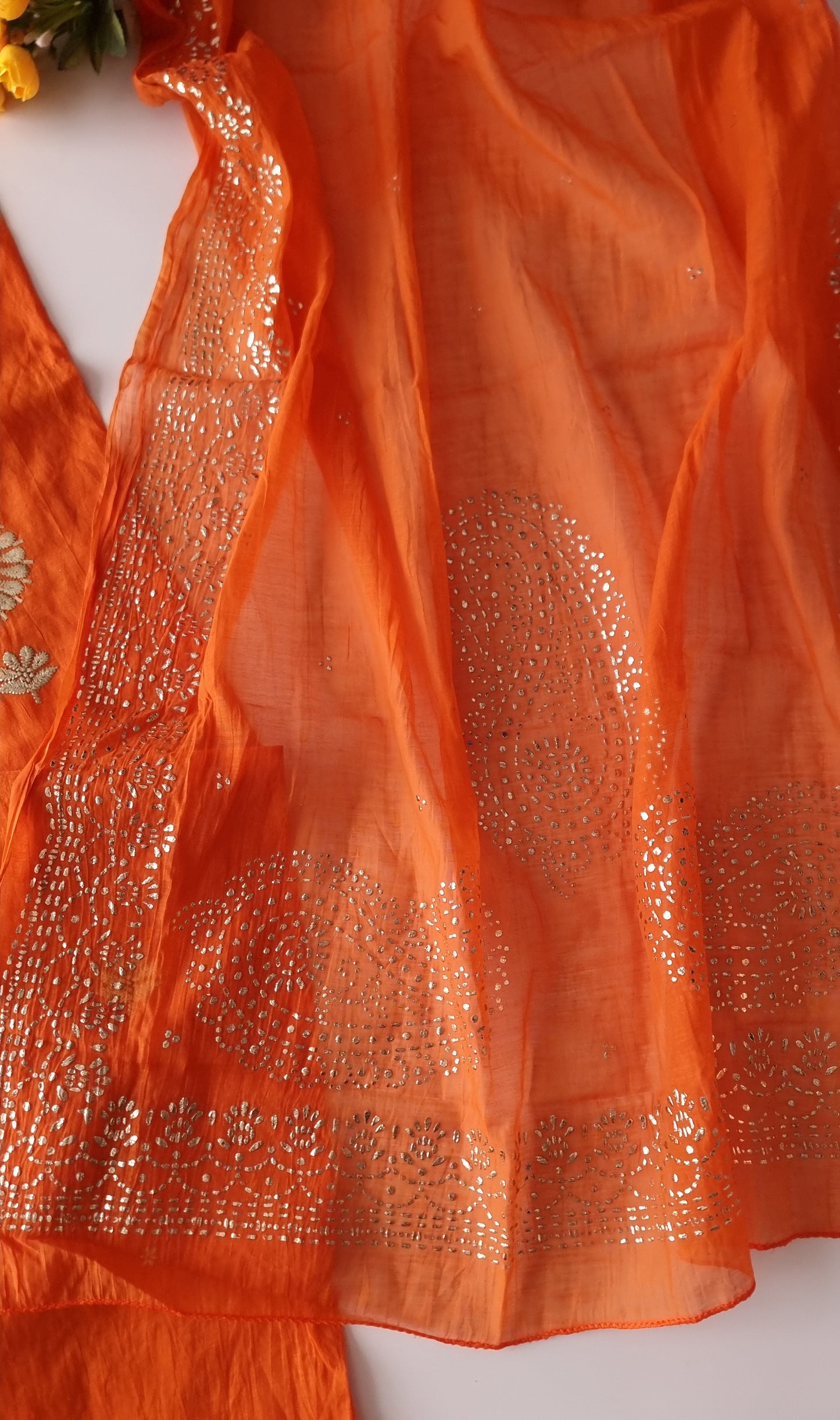 Orange Mul Chanderi dress material with pitta and mukaish work